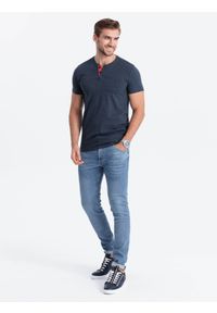 Ombre Clothing - T-shirt męski bez nadruku z guzikami - granatowy V5 S1390 - XXL. Typ kołnierza: polo. Kolor: niebieski. Materiał: bawełna, jeans, poliester #5