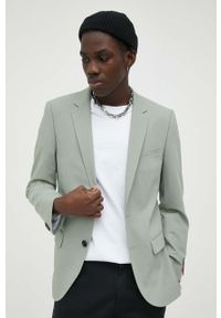 Hugo - HUGO marynarka z domieszką wełny kolor zielony. Kolor: zielony. Materiał: wełna. Wzór: aplikacja. Styl: klasyczny #3