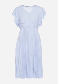 Born2be - Jasnoniebieska Sukienka Rozkloszowana Midi z Plisowanym Dołem Sabara. Okazja: na co dzień. Kolor: niebieski. Materiał: skóra. Styl: casual. Długość: midi #7