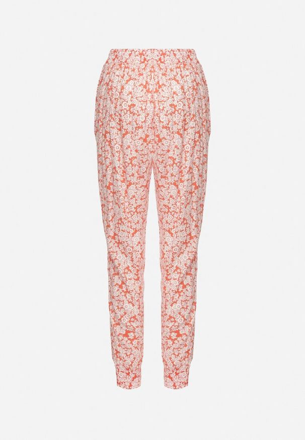 Born2be - Pomarańczowe Kwiatowe Spodnie z Wiskozy Wykończone Gumką w Talii Rivattha. Okazja: na co dzień. Kolor: pomarańczowy. Materiał: wiskoza. Wzór: kwiaty. Styl: casual