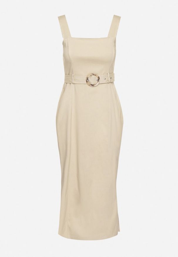 Born2be - Beżowa Dopasowana Sukienka z Wiskozą z Rozcięciami i Paskiem z Klamrą Mepelle. Okazja: na co dzień. Typ kołnierza: dekolt kwadratowy. Kolor: beżowy. Materiał: wiskoza. Typ sukienki: dopasowane. Styl: casual, elegancki, klasyczny