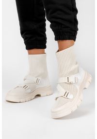 Casu - Beżowe botki sneakersy skarpeta na platformie z klamrami casu sj2126-2. Zapięcie: klamry. Kolor: beżowy. Obcas: na platformie #1