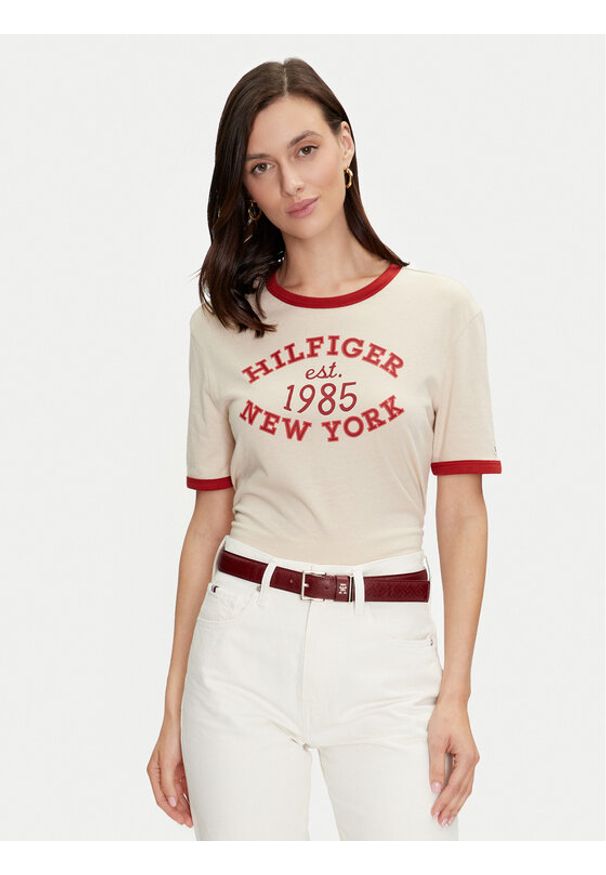 TOMMY HILFIGER - Tommy Hilfiger T-Shirt Varsity Ringer WW0WW42585 Beżowy Regular Fit. Kolor: beżowy. Materiał: wiskoza