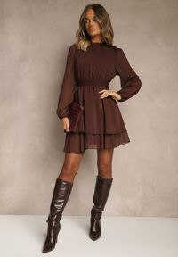 Renee - Brązowa Sukienka z Siateczki o Rozkloszowanym Kroju z Bufiastymi Rękawami Aziva. Okazja: na co dzień. Kolor: brązowy. Materiał: skóra. Typ sukienki: rozkloszowane, proste. Styl: casual #4