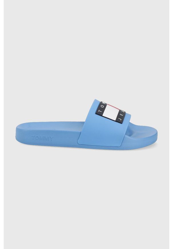 Tommy Jeans klapki damskie. Kolor: niebieski. Materiał: materiał, guma. Obcas: na obcasie. Wysokość obcasa: niski