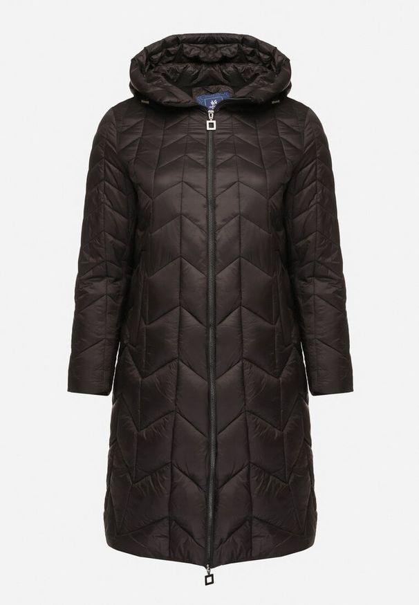 Born2be - Czarna Długa Kurtka z Ozdobnym Pikowanym Przeszyciem i Kapturem Pretini. Okazja: na co dzień. Kolekcja: plus size. Kolor: czarny. Materiał: jeans. Długość rękawa: długi rękaw. Długość: długie. Styl: klasyczny, casual, elegancki