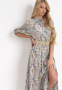 Born2be - Miętowo-Różowa Sukienka z Guzikami i Plecionym Paskiem z Klamrą Aralty. Kolor: miętowy. Długość rękawa: długi rękaw. Sezon: wiosna, lato. Typ sukienki: koszulowe #4