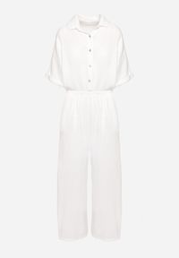 Born2be - Biały Bawełniany Kombinezon z Koszulową Górą i Prostymi Spodniami Namsore. Kolor: biały. Materiał: bawełna. Styl: elegancki, klasyczny #3