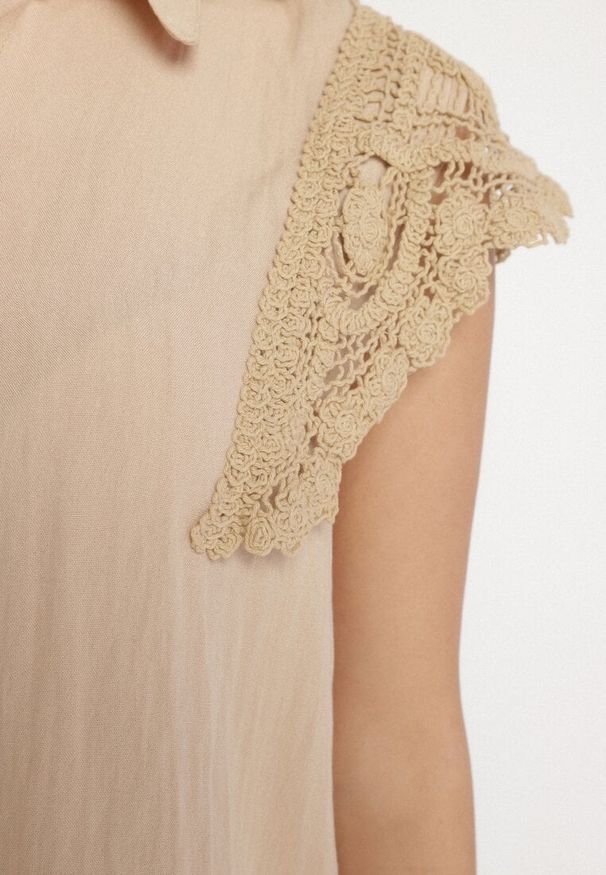 Born2be - Beżowa Koszula z Wiskozy z Lnem Ozdobiona Ażurowymi Rękawami Fenalis. Okazja: na co dzień. Typ kołnierza: kołnierzyk klasyczny. Kolor: beżowy. Materiał: wiskoza, len. Wzór: ażurowy, aplikacja. Styl: elegancki, casual, klasyczny