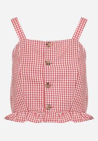 Born2be - Czerwona Bluzka Top ze Wzorem Kraty Ozdobiony Falbanką i Guzikami Folorae. Okazja: na co dzień. Kolor: czerwony. Materiał: jeans. Długość rękawa: na ramiączkach. Długość: krótkie. Wzór: aplikacja. Styl: elegancki, casual #3