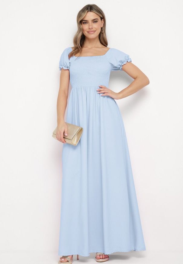 Born2be - Jasnoniebieska Rozkloszowana Sukienka z Elastyczną Górą i Gumką w Talii Aliexava. Okazja: na co dzień. Typ kołnierza: dekolt kwadratowy. Kolor: niebieski. Typ sukienki: proste. Styl: casual, elegancki