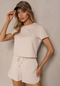Renee - Jasnobeżowy Bawełniany T-shirt o Fasonie Cropped Galionela. Okazja: na co dzień. Kolor: beżowy. Materiał: bawełna. Sezon: lato, wiosna. Styl: casual #5