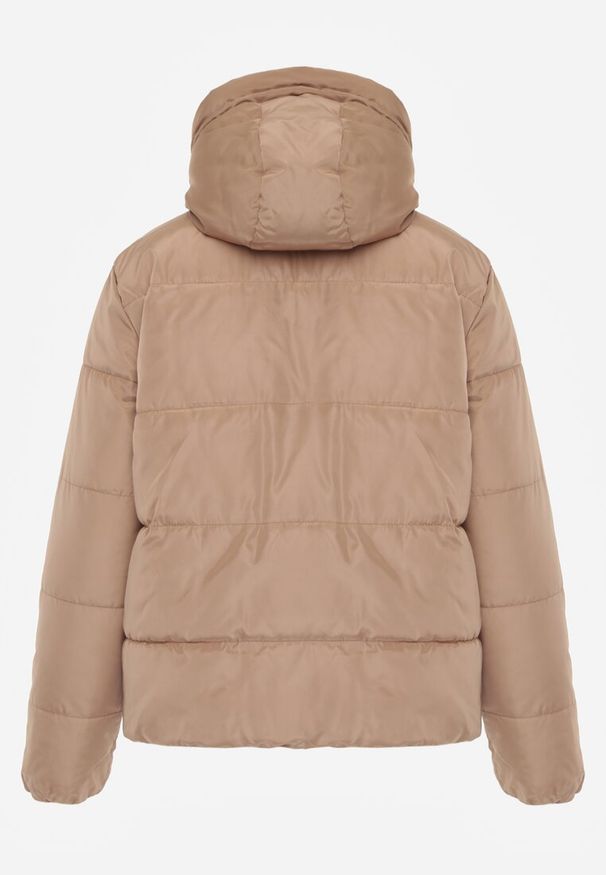 Renee - Ciemnobeżowa Pikowana Kurtka Dwustronna z Kapturem Ozdobiona Suwakami Nevetila. Okazja: na co dzień. Typ kołnierza: kaptur. Kolor: beżowy. Materiał: jeans. Wzór: aplikacja. Styl: casual