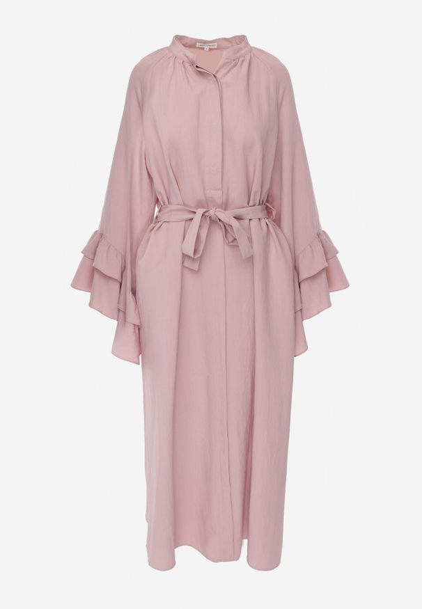 Born2be - Różowa Wiskozowa Sukienka Koszulowa z Falbanami przy Rękawach i Paskiem Dinirae. Okazja: na co dzień. Kolor: różowy. Materiał: wiskoza. Typ sukienki: koszulowe. Styl: casual, klasyczny