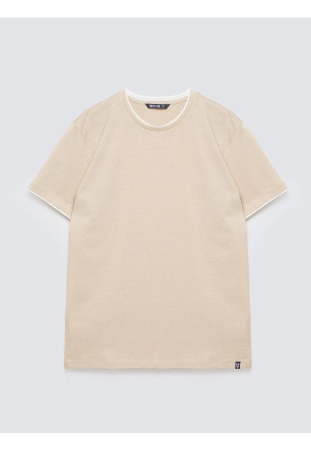 Big-Star - Koszulka męska w drobne paski beżowa Fredriser 801. Okazja: na co dzień. Kolor: beżowy. Materiał: dzianina, jeans, materiał. Wzór: paski. Sezon: lato. Styl: casual