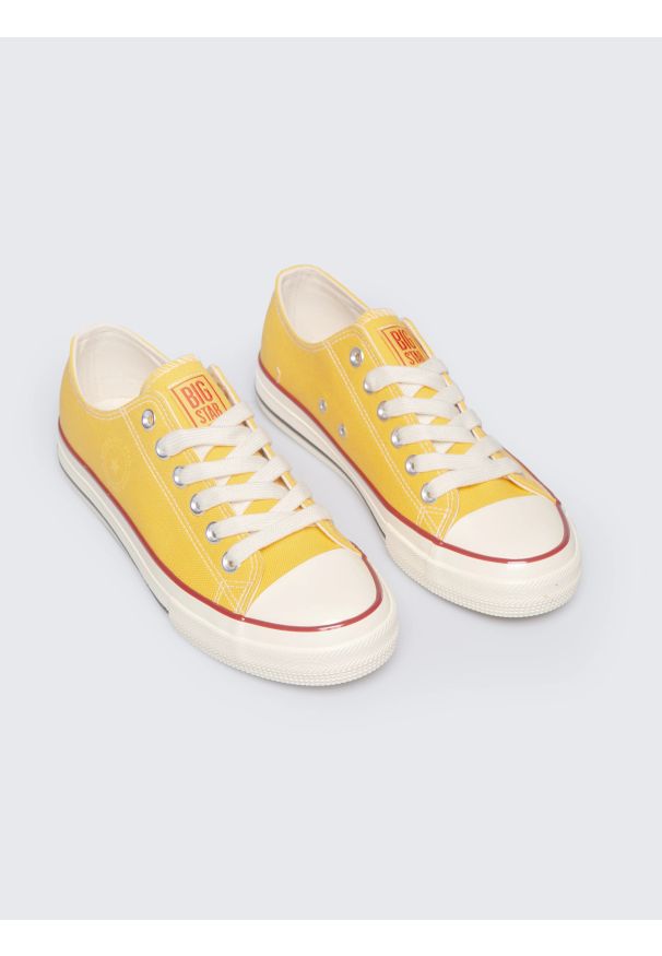 Big-Star - Trampki damskie niskie żółte RR274642 201. Okazja: na co dzień, na spacer. Wysokość cholewki: przed kostkę. Kolor: żółty. Materiał: materiał. Szerokość cholewki: normalna. Sezon: lato. Styl: casual