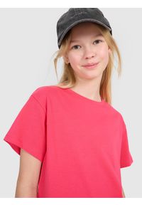 4f - T-shirt oversize gładki dziewczęcy - różowy. Okazja: na co dzień. Kolor: różowy. Materiał: bawełna, jersey, dzianina. Wzór: gładki. Styl: sportowy, casual, klasyczny