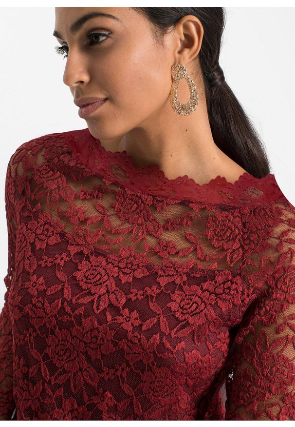 bonprix - Koronkowa bluzka z długim rękawem. Kolor: czerwony. Materiał: koronka. Długość rękawa: długi rękaw. Długość: długie