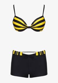 Born2be - Żółto-Granatowe Bikini Dwuczęściowe Stanik z Usztywnionymi Miseczkami Szorty z Paskiem Vivadia. Kolor: żółty