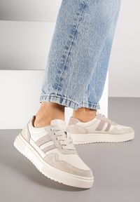 Born2be - Beżowe Skórzane Sneakersy z Paskami Andaxele. Okazja: na co dzień. Zapięcie: pasek. Kolor: beżowy. Materiał: skóra