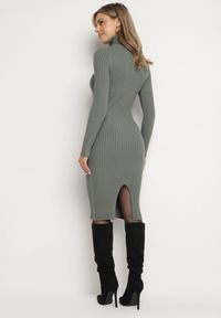 Born2be - Ciemnozielona Sukienka Prążkowana o Dopasowanym Kroju z Golfem Kaszmirem Bawełną i Wełną Vaithessa. Okazja: na co dzień. Typ kołnierza: golf. Kolor: zielony. Materiał: wełna, bawełna, prążkowany, kaszmir. Długość rękawa: długi rękaw. Styl: casual, elegancki #4