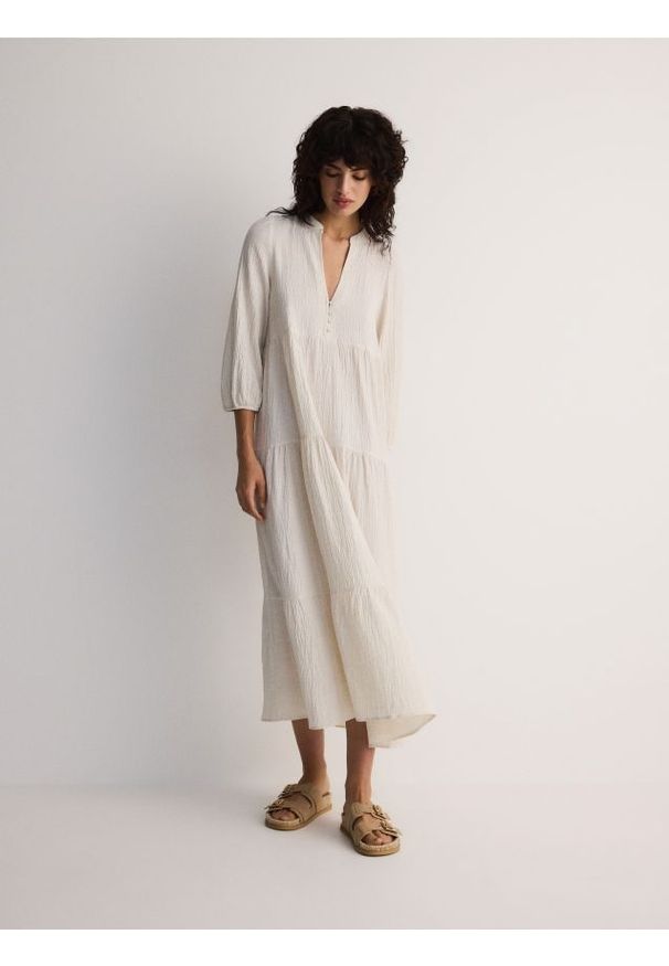 Reserved - Sukienka oversize z wiskozą i lnem - złamana biel. Materiał: len, wiskoza. Typ sukienki: oversize