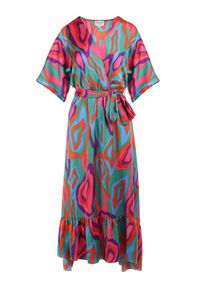 Born2be - Zielono-Różowa Sukienka Cesetros. Kolor: zielony. Materiał: materiał. Wzór: nadruk. Typ sukienki: kopertowe. Długość: midi #3