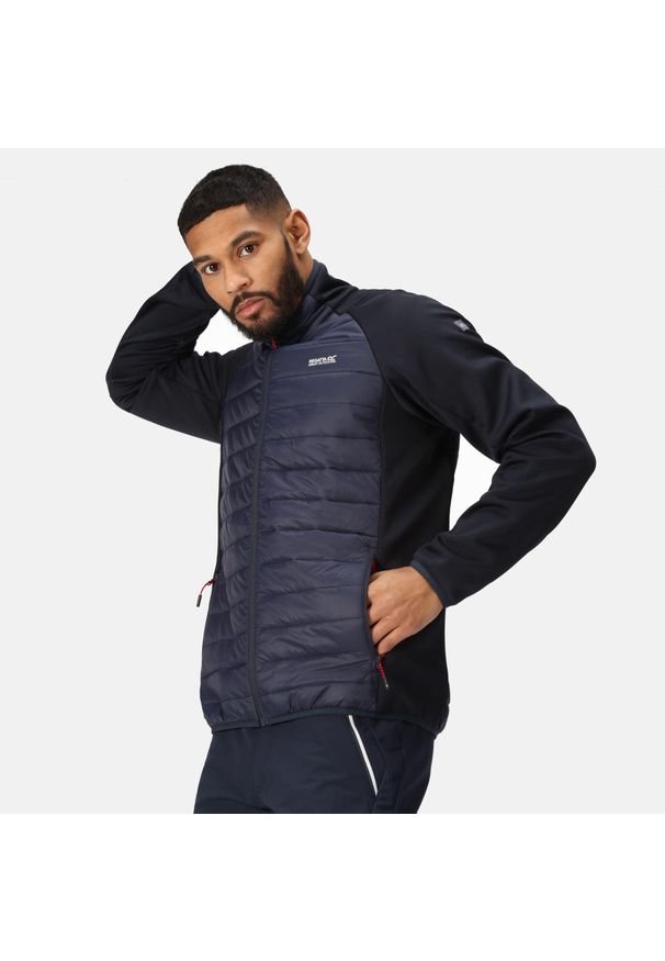 Kurtka turystyczna męska Regatta Clumber IV hybrydowa przejściowa. Typ kołnierza: kaptur. Kolor: niebieski. Materiał: poliamid. Sport: turystyka piesza