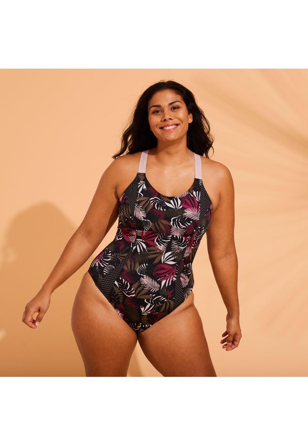 Decathlon - Strój jednoczęściowy do gimnastyki w wodzie/aquabike damski Nabaiji Elea Saf. Kolor: różowy, czarny, wielokolorowy, zielony