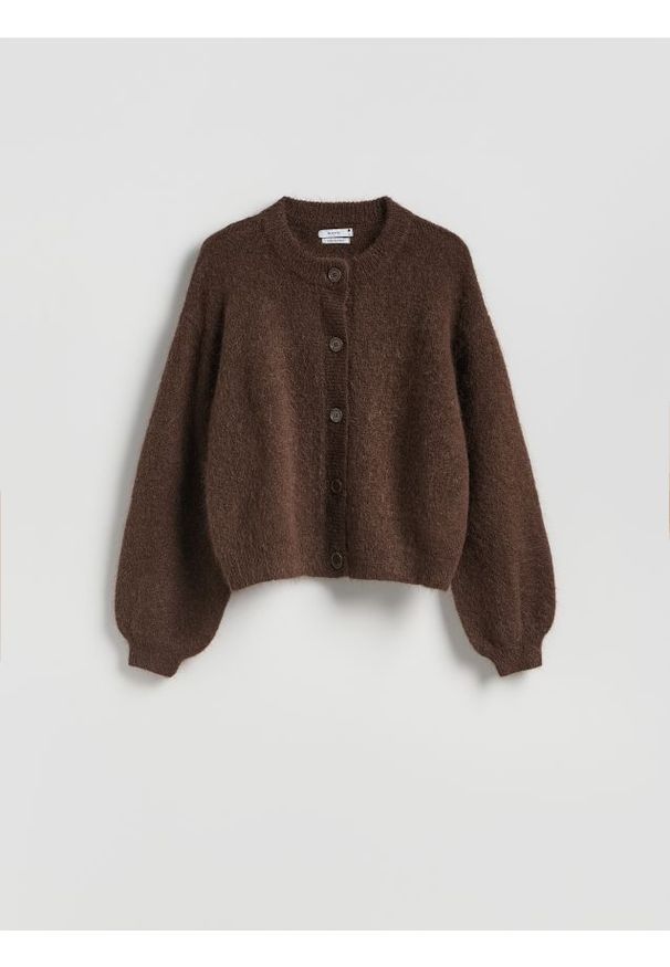 Reserved - Kardigan z wełną - ciemnobrązowy. Kolor: brązowy. Materiał: wełna