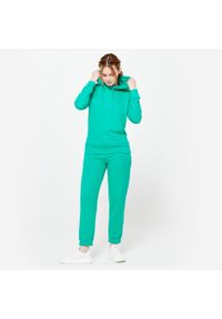 DOMYOS - Bluza z kapturem damska Domyos Gym & Pilates. Typ kołnierza: kaptur. Kolor: zielony. Materiał: materiał, prążkowany, poliester, bawełna, elastan, tkanina. Długość: długie. Sport: joga i pilates