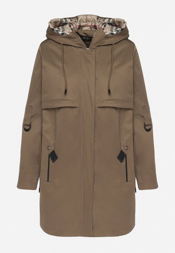 Born2be - Ciemnozielona Kurtka Parka z Podpinanymi Rękawami i Kapturem ze Wstawkami w Kratę Kaithna. Okazja: na co dzień. Kolor: zielony. Materiał: jeans. Wzór: kratka. Styl: klasyczny, elegancki, casual