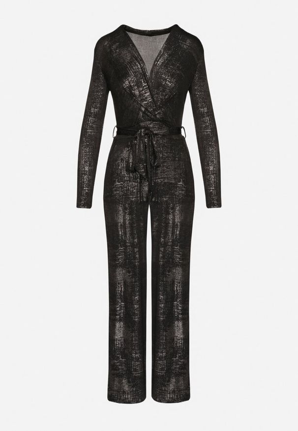Born2be - Czarno-Złoty Kopertowy Kombinezon z Wiskozą Zdobiony Wiązanym Paskiem Nalissa. Okazja: na co dzień. Kolor: czarny. Materiał: wiskoza. Długość: długie. Wzór: aplikacja. Styl: elegancki, casual