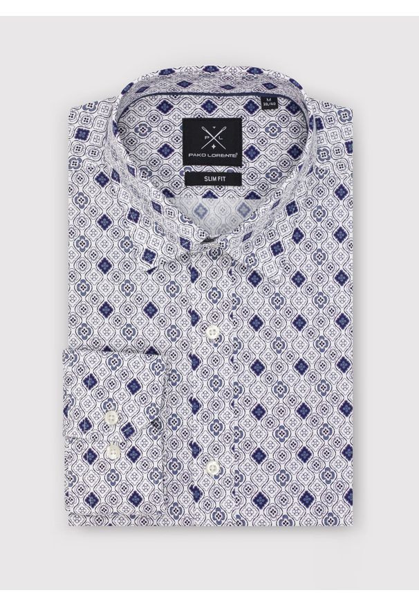 Pako Lorente - PAKO LORENTE – Męska koszula w kolorze białym w granatowy wzór. Typ kołnierza: kołnierzyk klasyczny. Kolor: biały, niebieski, wielokolorowy. Materiał: elastan, bawełna. Długość rękawa: długi rękaw. Długość: długie. Styl: klasyczny