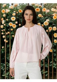 Sinsay - Koszulowa bluzka z żakardowymi rękawami - różowy. Kolor: różowy. Materiał: żakard