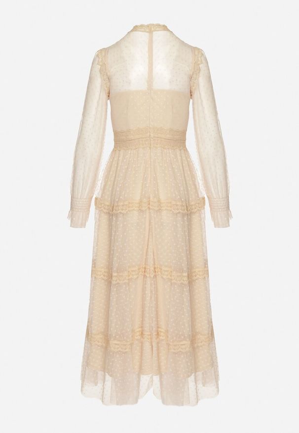 Born2be - Beżowa Rozkloszowana Sukienka Maxi z Koronką Jorissa. Typ kołnierza: dekolt w serek. Kolor: beżowy. Materiał: koronka. Wzór: koronka. Styl: klasyczny. Długość: maxi