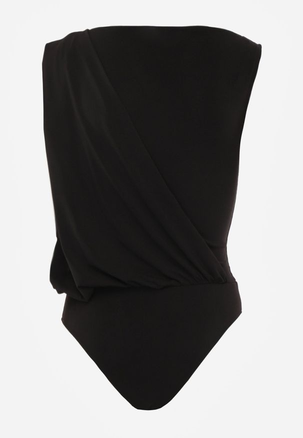 Born2be - Czarne Marszczone Body z Dekoltem Łódka i Ozdobną Aplikacją na Ramieniu Carlenka. Okazja: na co dzień, na spotkanie biznesowe. Typ kołnierza: dekolt w łódkę. Kolor: czarny. Materiał: materiał. Wzór: aplikacja. Styl: wizytowy, casual, biznesowy