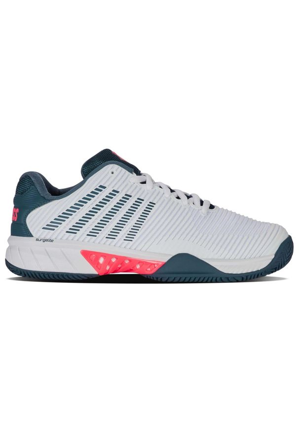 Buty do tenisa męskie K-Swiss Hypercourt Express 2. Kolor: różowy, niebieski, wielokolorowy, biały. Materiał: syntetyk, materiał. Szerokość cholewki: normalna. Sport: tenis
