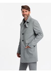 Ombre Clothing - Wzorzysty jednorzędowy męski płaszcz z kieszeniami – szary V3 - Rozmiar: XXL. Typ kołnierza: kołnierz rewers. Kolor: szary. Materiał: syntetyk, tkanina, poliester, materiał. Wzór: ze splotem #9