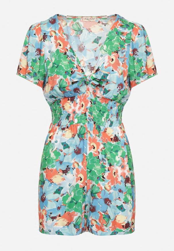 Born2be - Zielony Wiskozowy Kombinezon z Gumkami w Pasie i Ozdobnym Wiązaniem Amberta. Kolor: zielony. Materiał: wiskoza. Długość rękawa: krótki rękaw. Długość: krótkie. Sezon: wiosna, lato