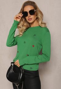 Renee - Zielony Sweter z Kaszmirem i Haftem w Serca Buvia. Kolor: zielony. Materiał: kaszmir. Wzór: haft #4