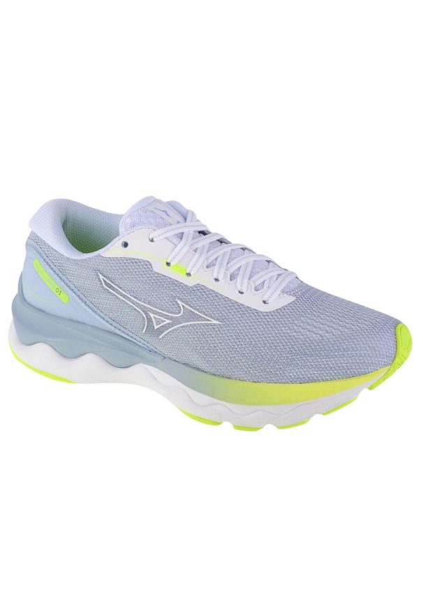 Buty do biegania damskie Mizuno Wave Skyrise 3. Zapięcie: sznurówki. Kolor: żółty, szary, niebieski, wielokolorowy, biały. Materiał: guma, syntetyk, materiał. Szerokość cholewki: normalna. Model: Mizuno Wave. Sport: bieganie