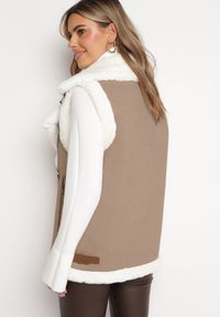 Born2be - Beżowa Kamizelka Bezrękawnik w Stylu Biker z Ekozamszu z Futerkiem Terone. Kolor: beżowy. Materiał: futro. Długość rękawa: bez rękawów. Wzór: aplikacja #5