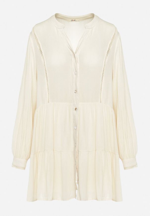 Born2be - Jasnobeżowa Koszulowa Sukienka w Stylu Boho z Rozkloszowanym Dołem Liorda. Kolor: beżowy. Sezon: wiosna, lato. Typ sukienki: koszulowe. Styl: boho. Długość: mini