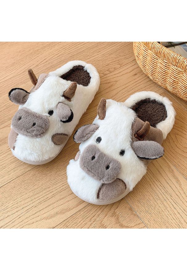 Intica - Klapki domowe w kształcie krowy z miękkiego materiału Gonnie. Okazja: do domu. Kolor: biały. Materiał: materiał. Styl: casual