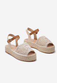 Renee - Beżowe Sandały Espadryle z Plecionym Noskiem Peep Toe i Jutową Platformą Drelpa. Nosek buta: otwarty. Zapięcie: sprzączka. Kolor: beżowy. Materiał: materiał. Sezon: lato. Obcas: na platformie. Wysokość obcasa: niski #3