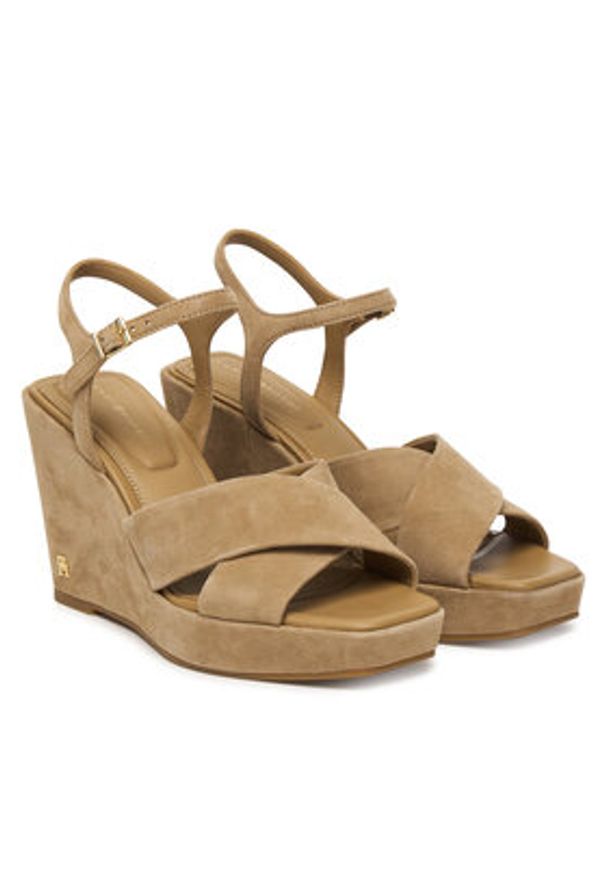 TOMMY HILFIGER - Tommy Hilfiger Sandały Suede Wrapped High Wedge FW0FW09218 Brązowy. Kolor: brązowy. Materiał: zamsz, skóra