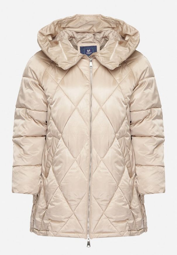 Born2be - Jasnobeżowa Pikowana Kurtka z Rozcięciami na Napy i z Kapturem ze Ściągaczami Letamira. Okazja: na co dzień. Typ kołnierza: kaptur. Kolekcja: plus size. Kolor: beżowy. Materiał: jeans. Długość rękawa: długi rękaw. Długość: długie. Styl: elegancki, casual