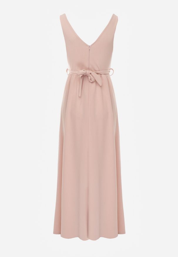 Renee - Różowa Rozkloszowana Sukienka z Wycięciem i Paskiem w Cyrkonie Elineta. Kolor: różowy. Materiał: materiał. Styl: elegancki