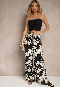 Renee - Czarne Szerokie Spodnie z Wiskozy High Waist w Kwiatowy Wzór Elaneora. Okazja: na co dzień. Stan: podwyższony. Kolor: czarny. Materiał: wiskoza. Wzór: kwiaty. Styl: elegancki, casual
